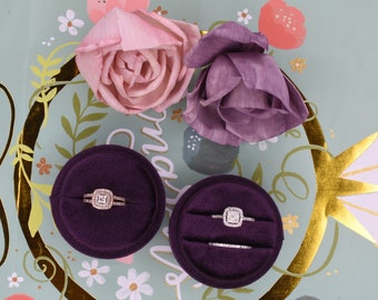 Luxury Handmade Keepsake Violet Plum Purple Color Velvet Single Double Ring Box Round  Engagement Wedding Proposal Ring Box Circle Ring Box