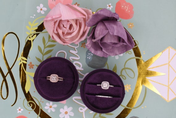 Luxury Handmade Keepsake Violet Plum Purple Color Velvet Single Double Ring Box Round  Engagement Wedding Proposal Ring Box Circle Ring Box