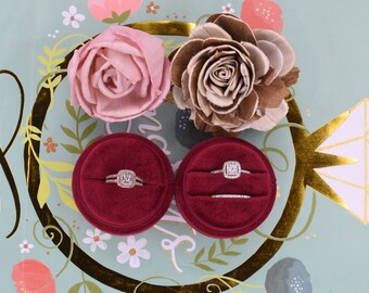 Luxury Handmade Keepsake Burgundy Color Velvet Single Double Ring Box Round  Engagement Wedding Proposal Ring Box Circle Ring Box