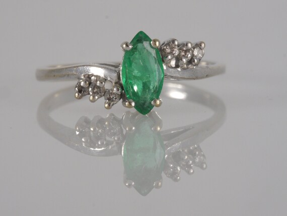 Vintage 14k White Gold Marquise Emerald Diamond A… - image 1