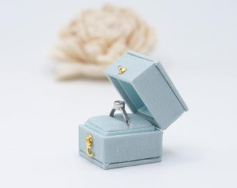 Baby Blue, Georgian Vintage Square  Jewelry  Ring Box, Linen & Velvet Ring  Box, Proposal , Engagement, Wedding ,Presentation, Gift