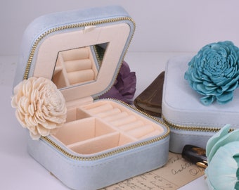 Baby Blue Luxury Velvet Jewelry Box with Zipper| jewelry case box | jewelry velvet ring box| velvet travel| velvet bridesmaid proposal box|