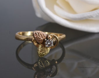 Black Hills Gold Diamond Ring 14k Yellow Gold Leaves Ladies Ring