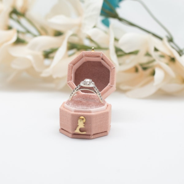 Antique Style Victorian Mini Octagon Shape Ring Box , LINNEN & VELVET Jewelry Box, Peach Color Engagement Proposal Wedding Presentation Gift