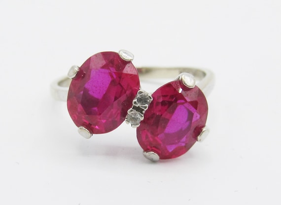 Vintage Two Stone Synthetic Ruby and Diamond Acce… - image 1