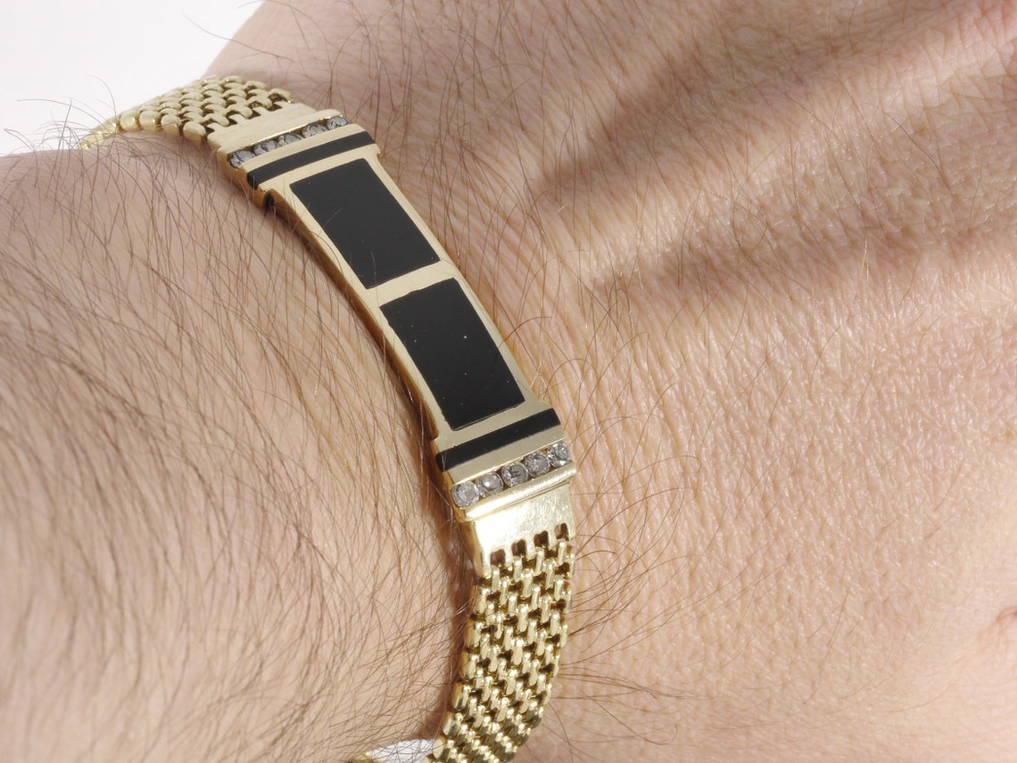 Vintage 14K Yellow Gold Black Onyx Diamond Men's Bracelet Etsy