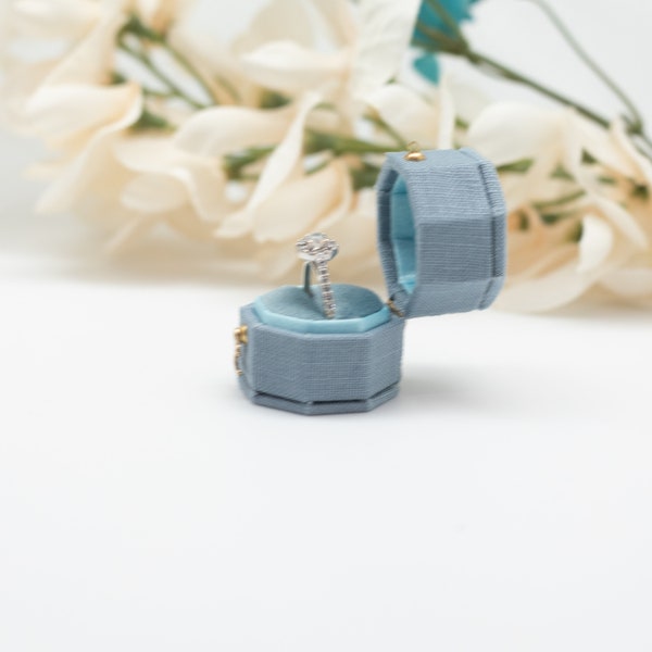 Antique Style Victorian Mini Octagon Shape Ring Box , LINNEN & VELVET Jewelry Box, Gray Blue Color Engagement Proposal Wedding Presentation