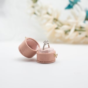May include: A ring box with a velvet interior and a diamond ring inside. The box is a light pink color and has a gold clasp.