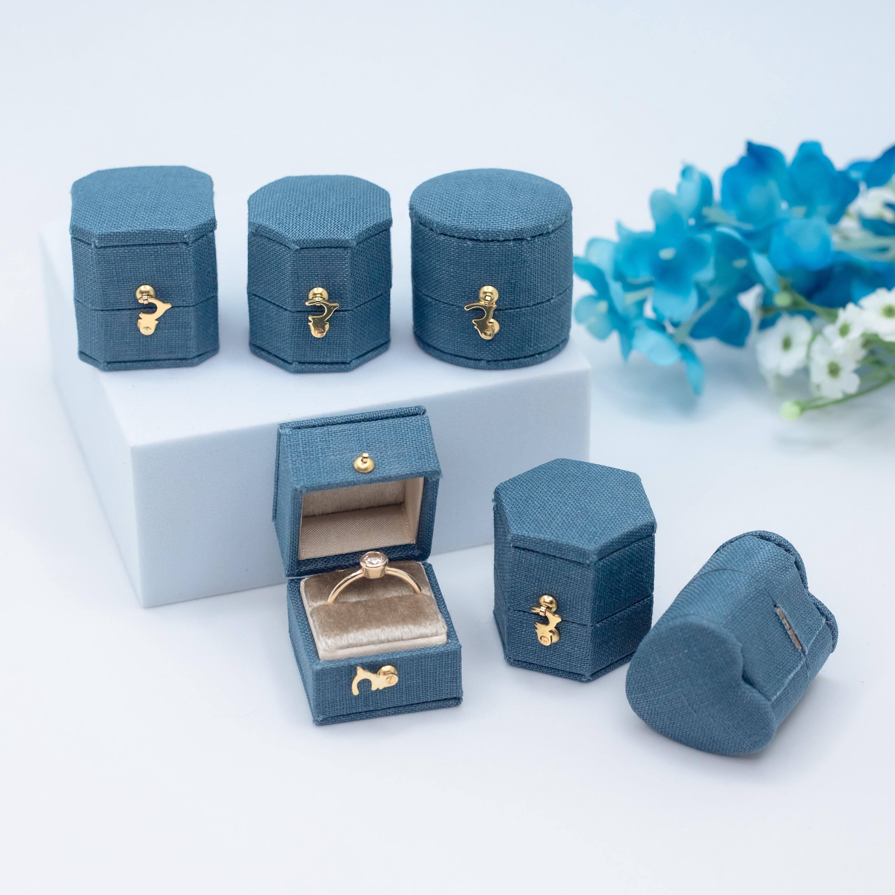 Blue Jean Beige Georgian Antique Style Jewelry  Ring Box  Linen  Velvet Ring  Box  Proposal Engagement  Wedding Presentation  Heirloom  Gift