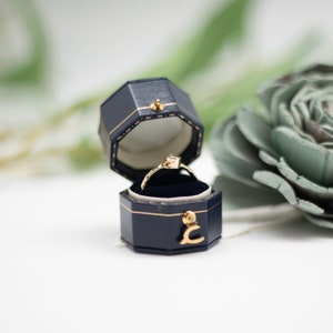 Luxury Antique Style Mini Ring Box ,Victorian Style Jewelry Box, Proposal Engagement Presentation Wedding Ring Box , Navy Blue Octagon Shape
