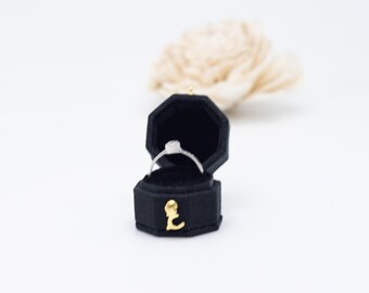 Caja para anillos de joyería de lino y terciopelo, redonda, octogonal, estilo georgiano vintage, color negro, ideal para propuestas, compromisos, bodas, presentaciones y regalos.