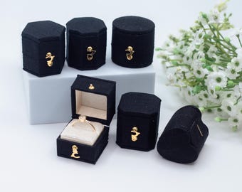 Caja para anillos de joyería estilo antiguo georgiano, color negro y beige, de lino y terciopelo, ideal para propuestas, compromisos, bodas, reliquias, regalos de aniversario.