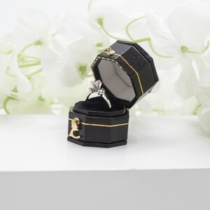 Luxury Antique Victorian Style Octagon Mini Black Single Ring (black trim)  Jewelry Box, Engagement Proposal Presentation, Wedding Ring Box