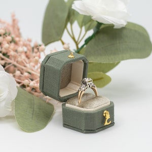 Forest Green Antique Style Victorian Mini Square Octagon  Ring Box  LINNEN & VELVET Jewelry Box, Engagement Proposal Wedding Presentation