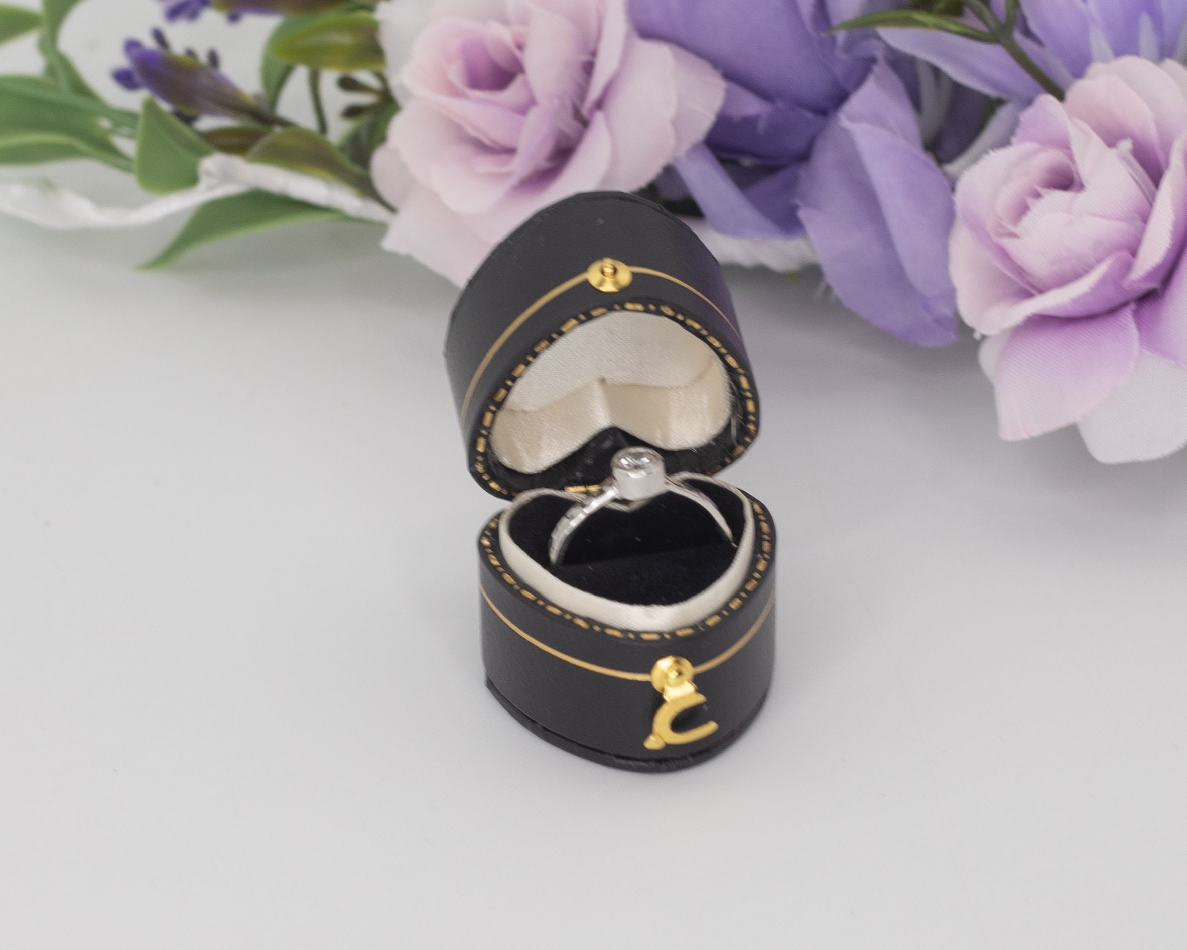 Black Luxury Antique Style Mini Ring Box, Victorian Style Jewelry Box, Proposal Engagement Presentation Wedding Ring Box,  Heart Shape Box