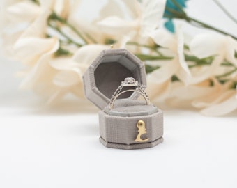 Antique Style Victorian Mini Octagon Shape Ring Box  LINNEN & VELVET Jewelry Box, Dove Gray Color Engagement Proposal Wedding Presentation