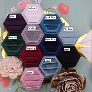 Boîte à bagues en velours souvenir de luxe fait main 11 couleurs hexagone DOUBLE boîte à bagues de fiançailles blanc émeraude blush
