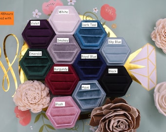11 Colors Luxury Handmade Keepsake Velvet Ring Box Hexagon DOUBLE Engagement Wedding Ring Box Emerald White Blush