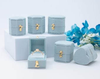 Baby Blue Georgian Antique Style Jewelry Ring Box Linen Velvet Ring Box  Proposal  Engagement Wedding Presentation  Heirloom Anniversary