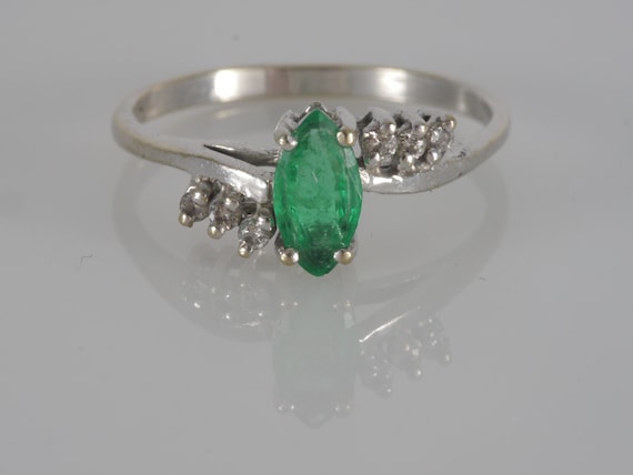 Vintage 14k White Gold Marquise Emerald Diamond A… - image 2