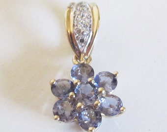 Vintage Tanzanite Diamond Flower Pendant 14k Yellow Gold