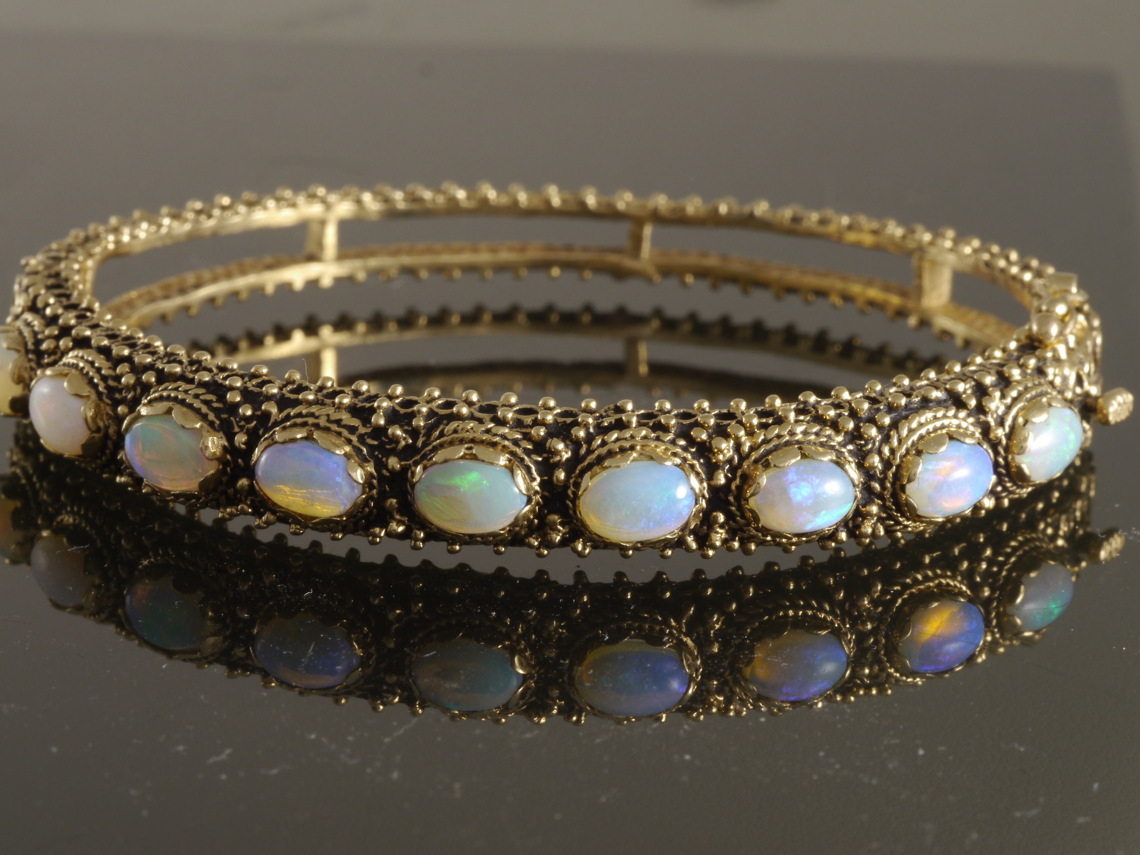Handmade Estate 14k Yellow Gold Oval Cut Opal Bracelet Hinged