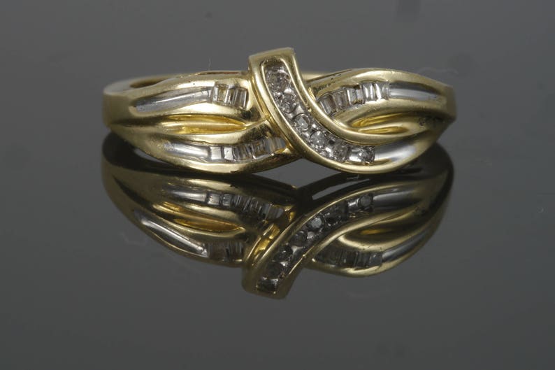 Vintage 10k Yellow Gold Round Channel Set & Baguette Diamond Bypass Ring image 2