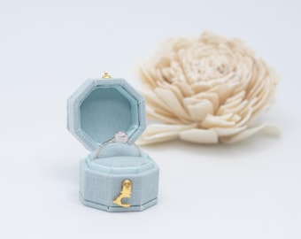 Baby Blue, Georgian Vintage Round Octagon Jewelry  Ring Box, Linen & Velvet Ring  Box, Proposal , Engagement, Wedding ,Presentation, Gift