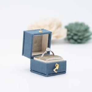 Blue Jean, Georgian Vintage Square  Jewelry  Ring Box, Linen & Velvet Ring  Box, Proposal , Engagement, Wedding ,Presentation, Gift