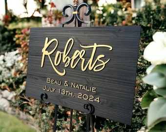 Personalized Wedding Welcome Sign: Black Wood & Gold 3D Lettering