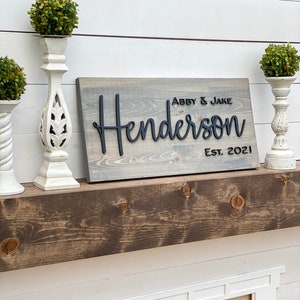 May include: A gray wooden sign with the text "Abby & Jake Henderson Est. 2021" in black raised lettering.