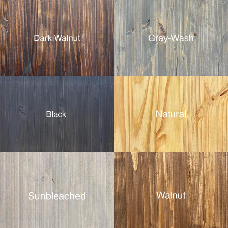 May include: A grid showcasing six wood stain samples. The samples are labeled: Dark Walnut, Gray-Wash, Black, Natural, Sunbleached, and Walnut. The wood grain is visible in each sample, with variations in color from light to dark.
