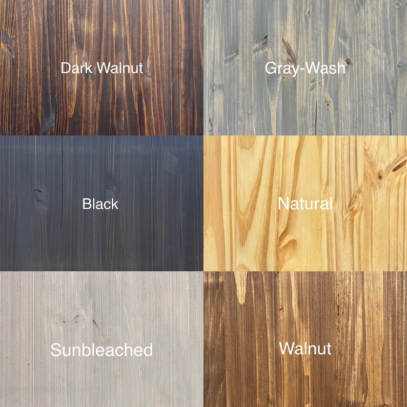 May include: A grid showcasing six wood stain samples. The samples include Dark Walnut, Gray-Wash, Black, Natural, Sunbleached, and Walnut. Each sample displays the wood grain and the color of the stain.