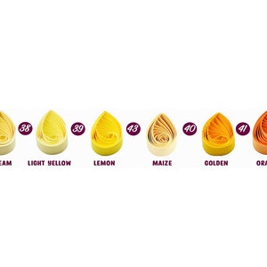 May include: Six paper quilling samples in various shades of yellow and orange. The samples are labeled with numbers and names: 37 Cream, 38 Light Yellow, 39 Lemon, 43 Maize, 40 Golden, 41 Orange.