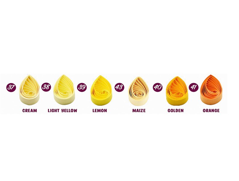 May include: Six paper quilling samples in various shades of yellow and orange. The samples are labeled with numbers and names: 37 Cream, 38 Light Yellow, 39 Lemon, 43 Maize, 40 Golden, 41 Orange.