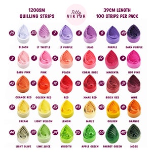 Puede incluir: 120 g/m&sup2; de tiras de quilling de 39 cm de largo, 100 tiras por paquete. La imagen muestra 53 colores diferentes de tiras de papel de quilling dispuestas en filas. Cada color est&aacute; etiquetado con un n&uacute;mero y un nombre.