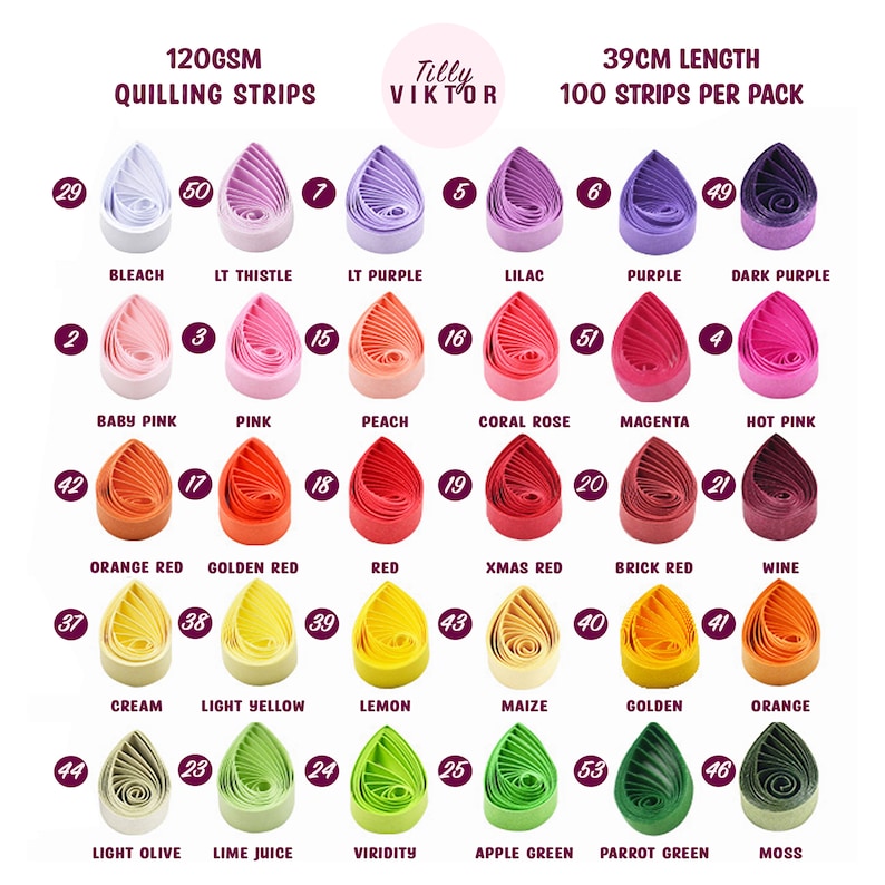 Puede incluir: 120 g/m&sup2; de tiras de quilling de 39 cm de largo, 100 tiras por paquete. La imagen muestra 53 colores diferentes de tiras de papel de quilling dispuestas en filas. Cada color est&aacute; etiquetado con un n&uacute;mero y un nombre.