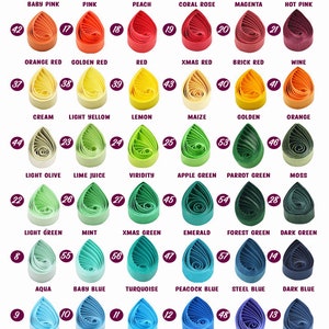 Puede incluir: Una tabla de 60 colores diferentes de tiras de papel para quilling. Cada color est&aacute; representado por una forma de papel enrollado. La tabla est&aacute; etiquetada con el nombre del color y el n&uacute;mero. Las tiras de papel miden 39 cm de largo y vienen en paquetes de 100. El papel es de 120 g/m&sup2;.