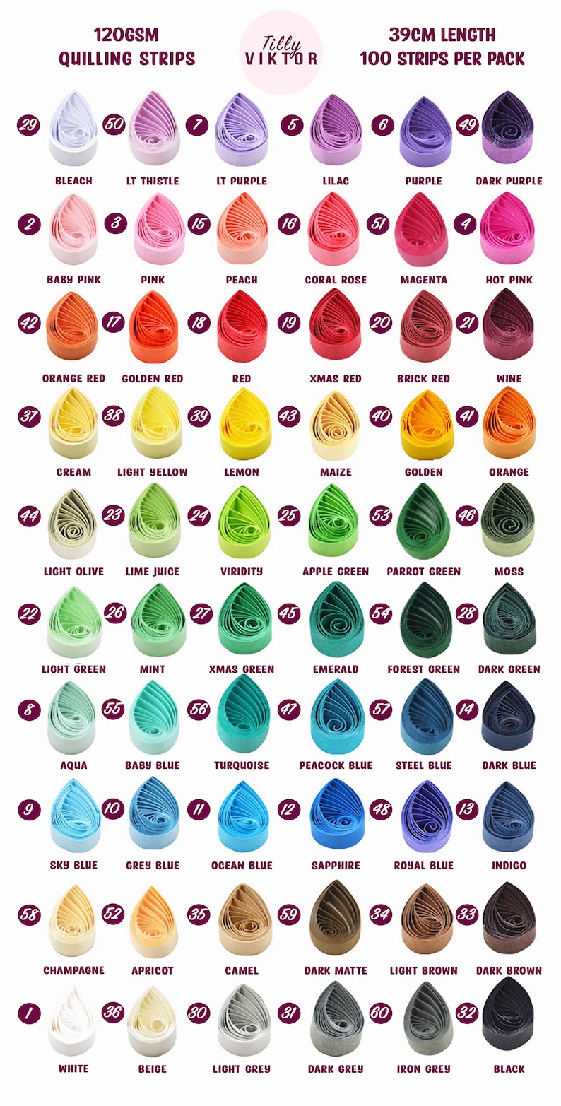 Puede incluir: Una tabla de 60 colores diferentes de tiras de papel para quilling. Cada color est&aacute; representado por una forma de papel enrollado. La tabla est&aacute; etiquetada con el nombre del color y el n&uacute;mero. Las tiras de papel miden 39 cm de largo y vienen en paquetes de 100. El papel es de 120 g/m&sup2;.