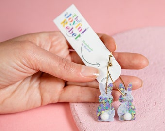 Pink or Purple Speckled Rabbit Dangly Hoop Earrings