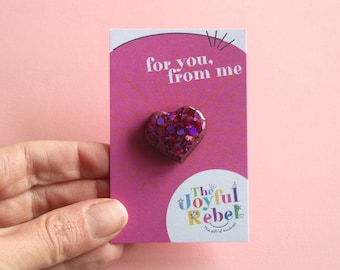 Glitter Heart Pin Badge: Hand-Painted Wooden Lapel Pin
