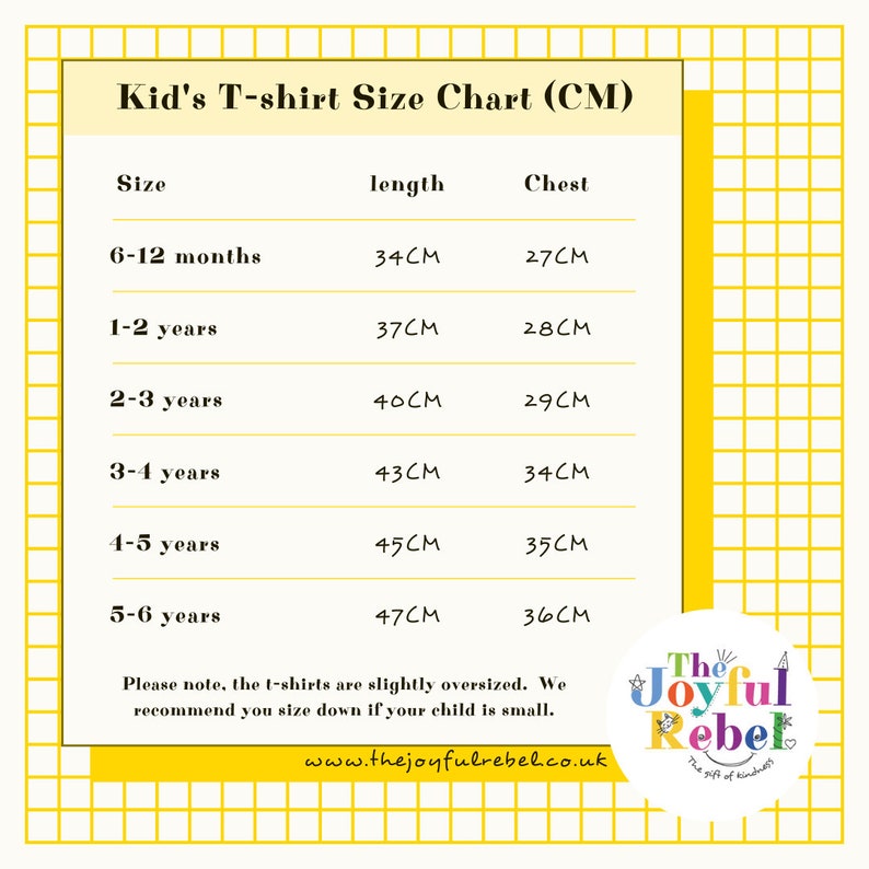 Details of the t-shirt sizes from 6-12 months, 1-2 years, 2-3 years, 3-4 years, 4-5 years and 5-6 years.