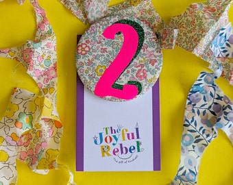 2nd Birthday Badge: Liberty Print Fabric, Safety Back (5.8cm)