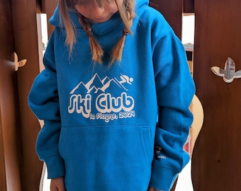 Bright Blue Personalised Kid's Hoodie - add a name, resort, year and message on cuff.