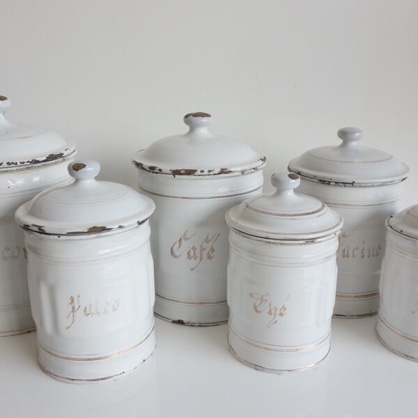 French Enamel Canister - Set of 6 Enamel Canisters Storage - White canister - 1920