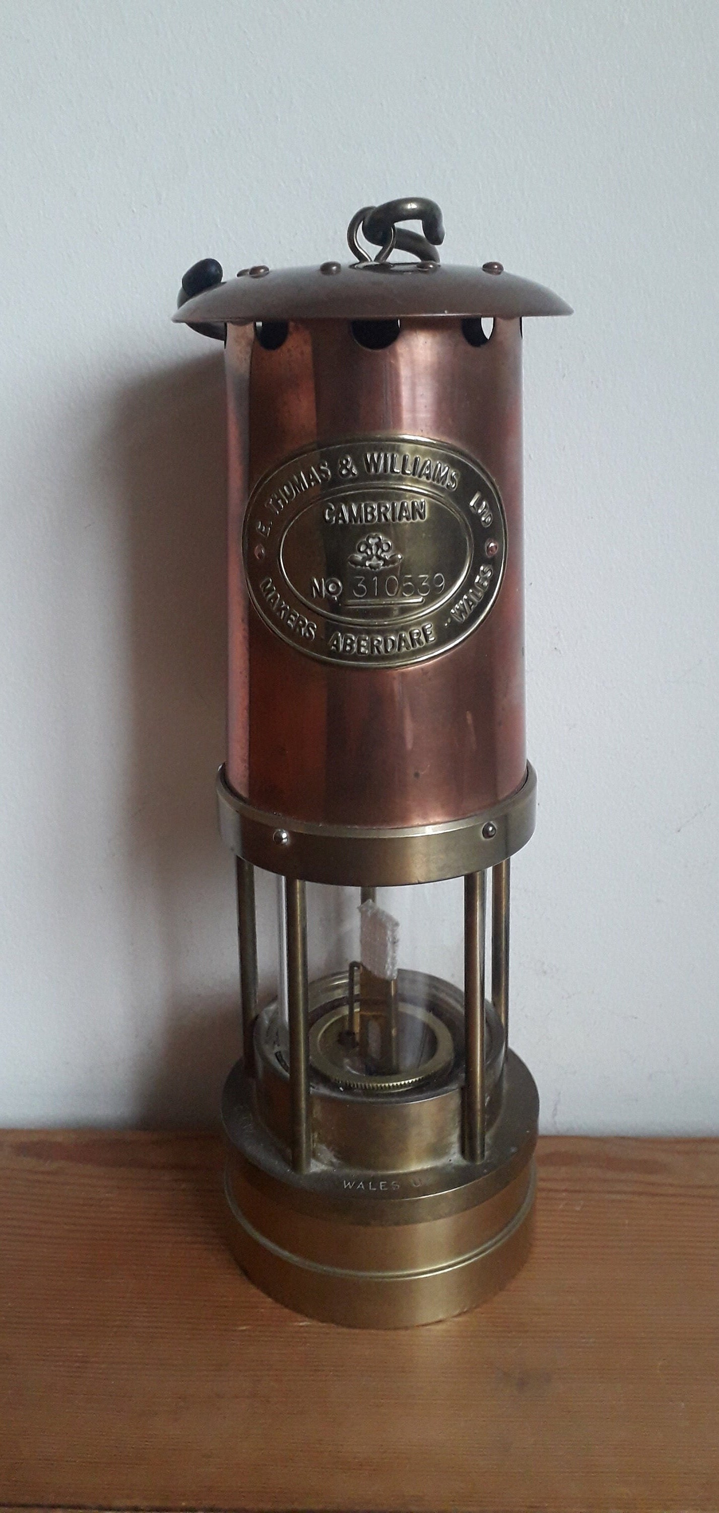 Miners Lamp, E. Thomas & Williams Ltd, Copper/brass Cambrian. 26.5cm