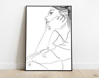 Mujer sentado arte / descarga instantánea, arte de pared femenino, arte de la línea de la mujer, arte de la línea del retrato, arte moderno del siglo mediano