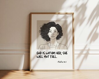 She Will Not Fall Affirmation Art | Scripture Digital Print, Asian Woman Digital Prints, Christian Digital Print Art, Christian Art