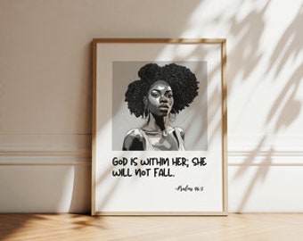 She Will Not Fall Digital Print | Scripture Digital Prints, Black Woman Scripture Digital Print, Christian Digital Print Art, Christian Art