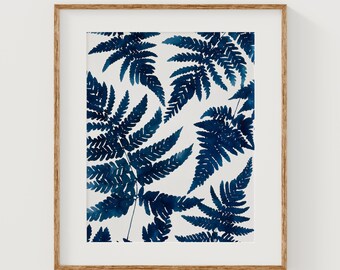 Woodland Ferns | Blue Botanical Pattern Print | Indigo Watercolor Wall Art | Nature Decor